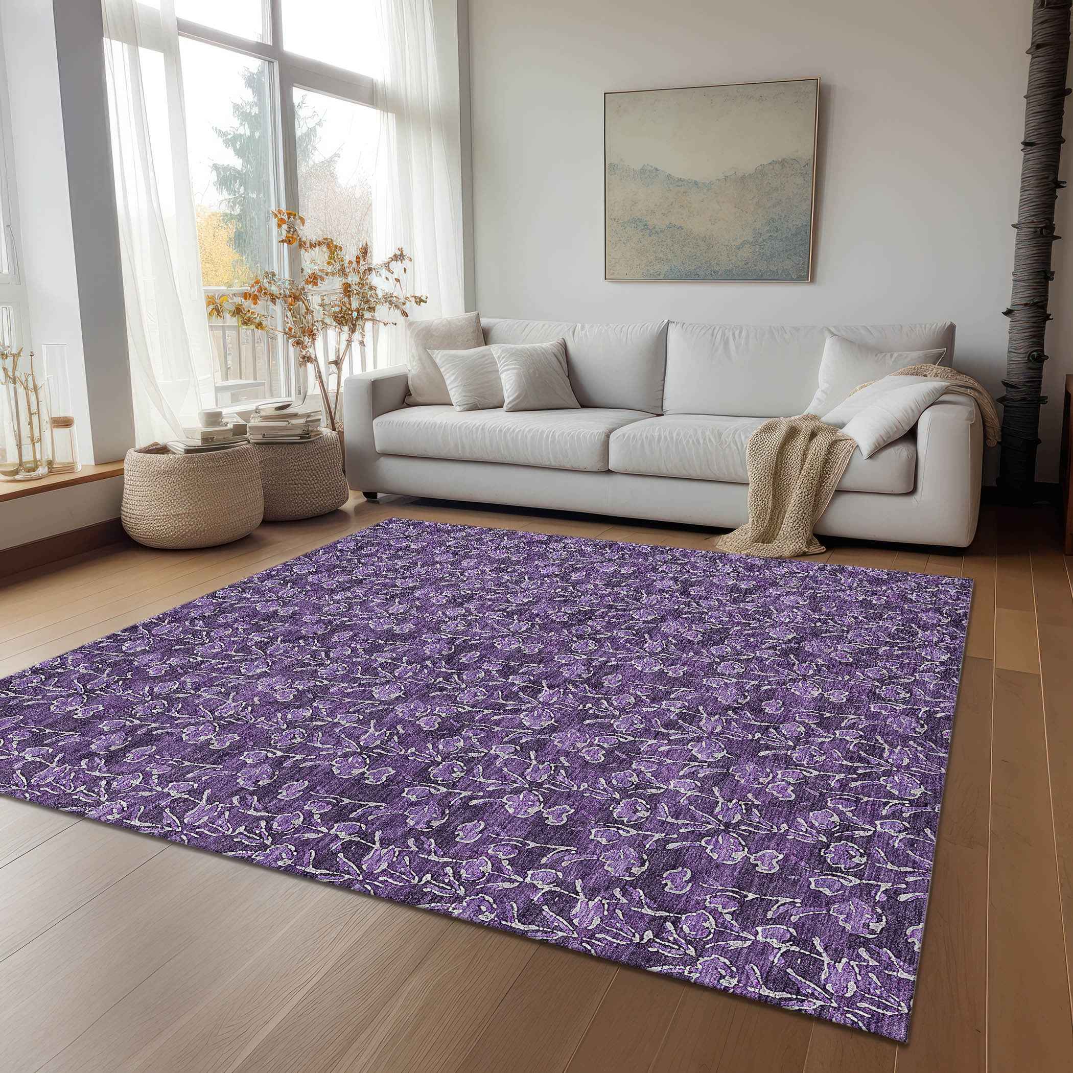 8' X 10' Purple Eggplant And Ivory Floral Washable Indoor Outdoor Area Rug