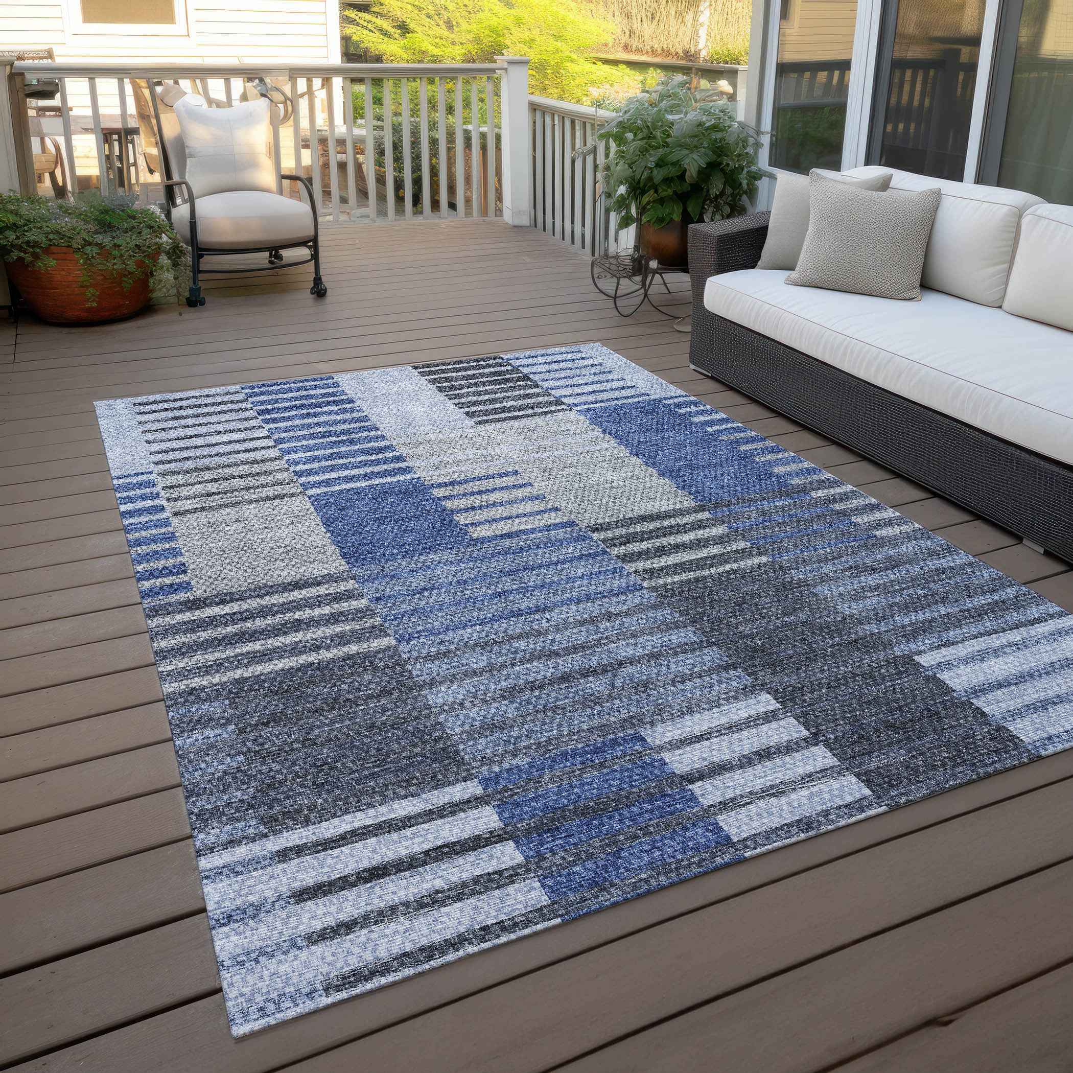 10' X 14' Denim Blue And Navy Blue Striped Washable Indoor Outdoor Area Rug