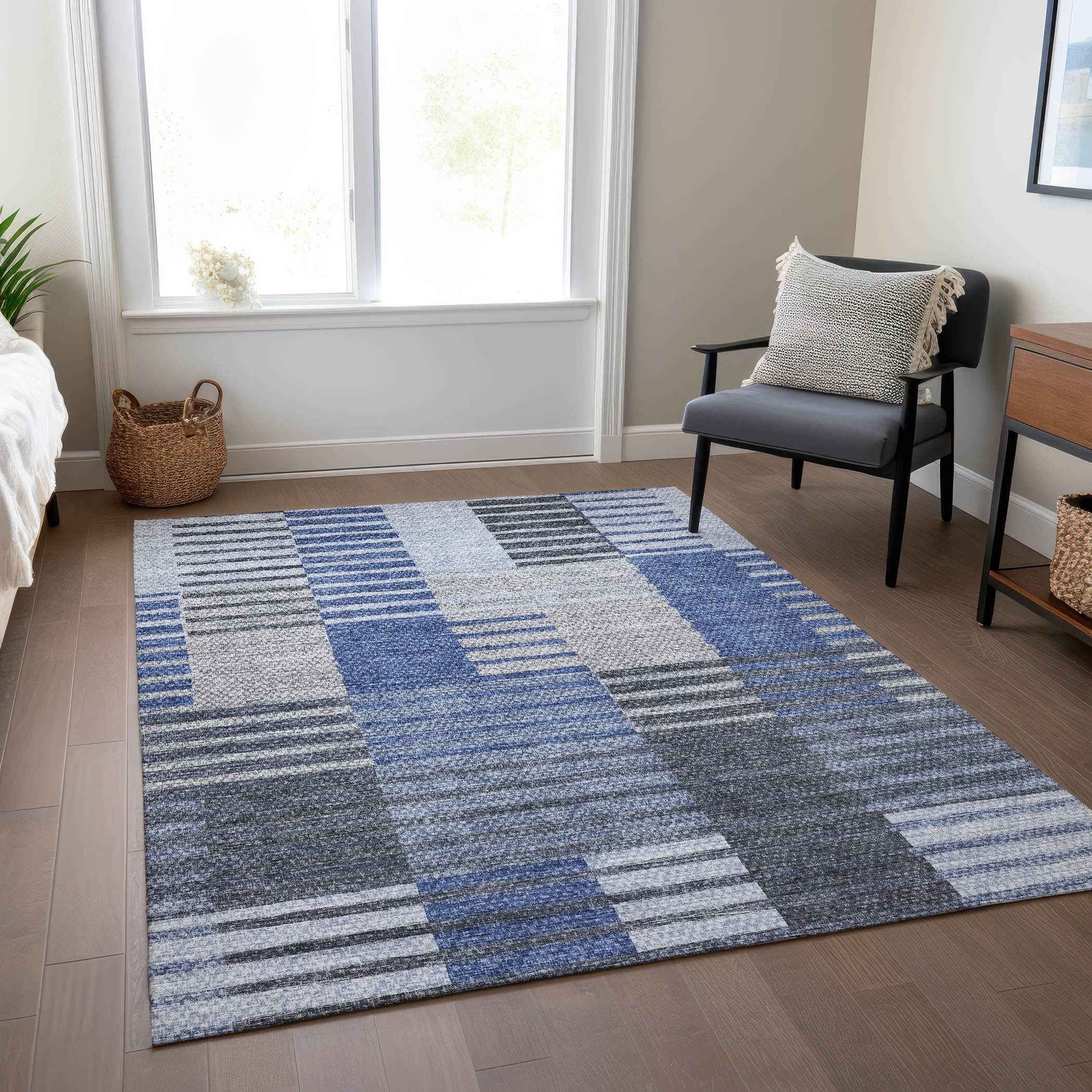 10' X 14' Denim Blue And Navy Blue Striped Washable Indoor Outdoor Area Rug