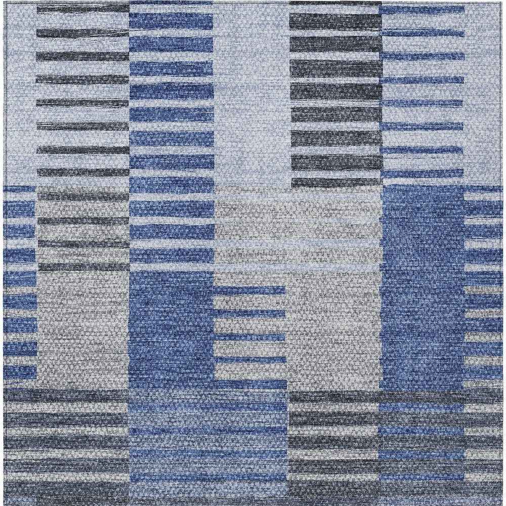 10' X 14' Denim Blue And Navy Blue Striped Washable Indoor Outdoor Area Rug