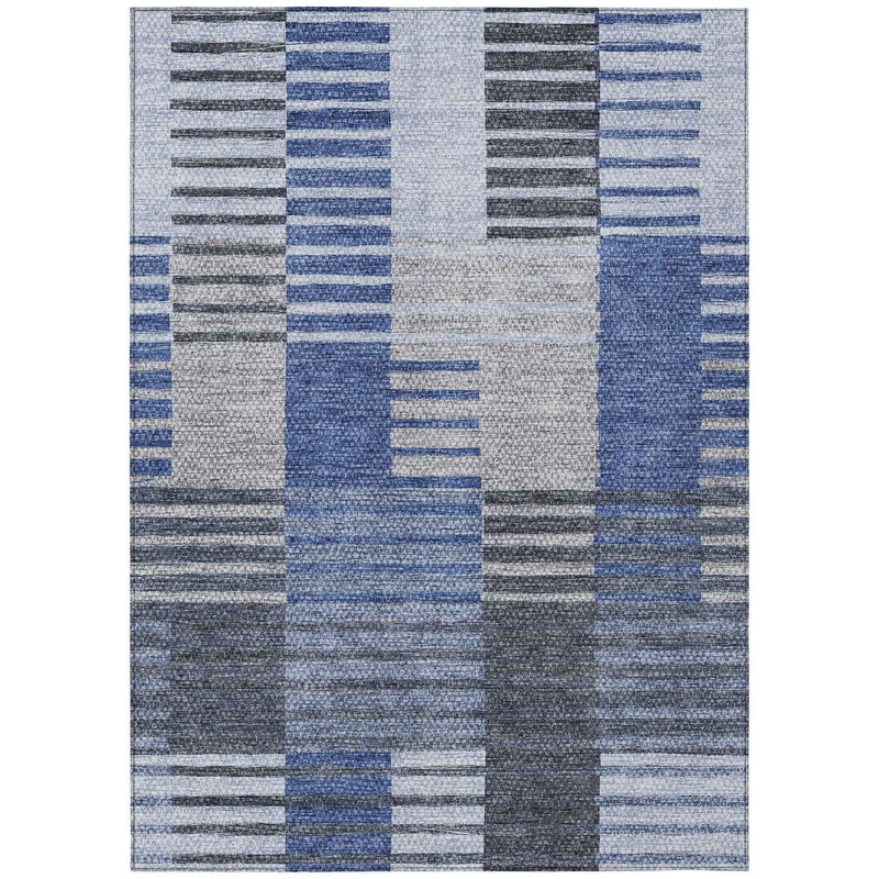 10' X 14' Denim Blue And Navy Blue Striped Washable Indoor Outdoor Area Rug