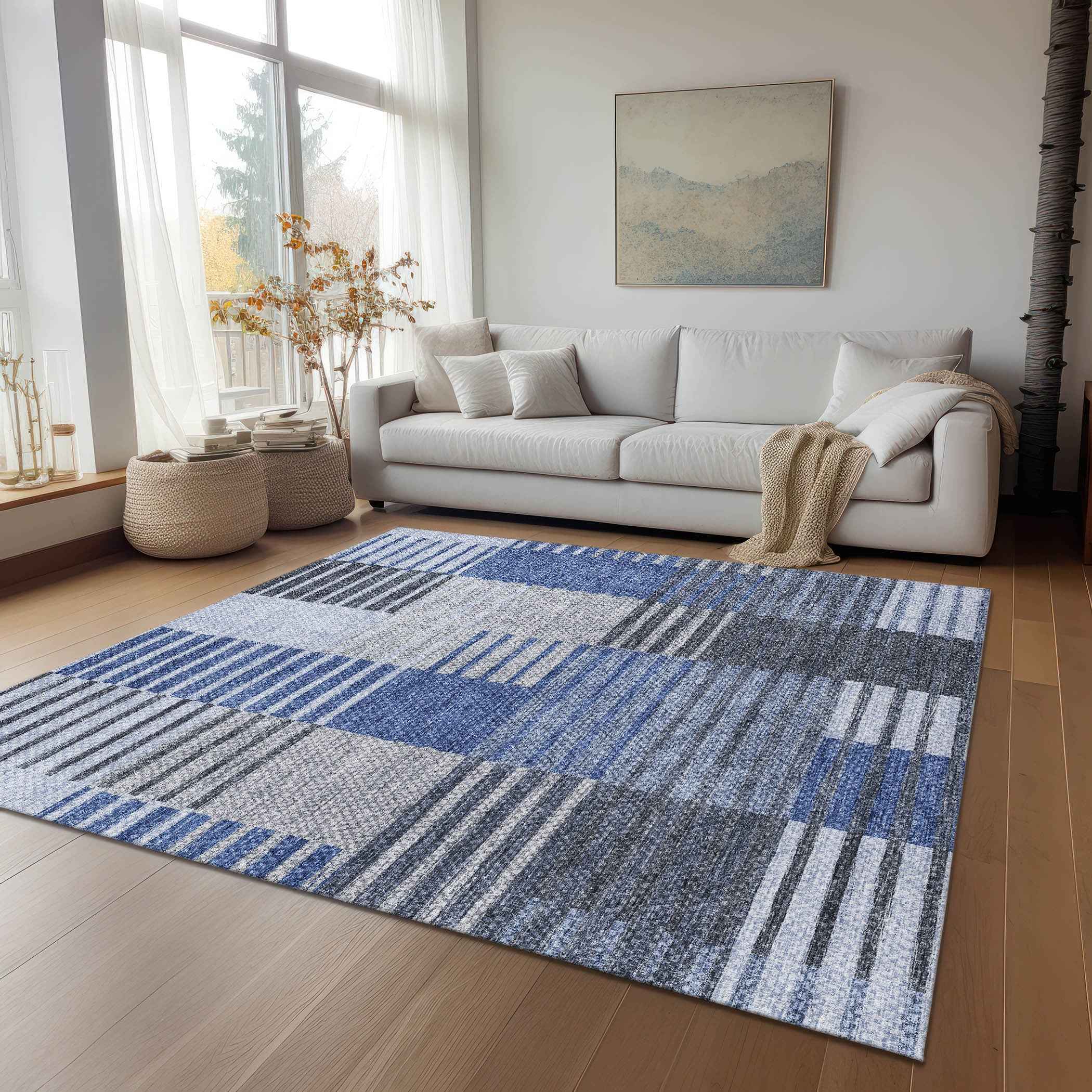 10' X 14' Denim Blue And Navy Blue Striped Washable Indoor Outdoor Area Rug