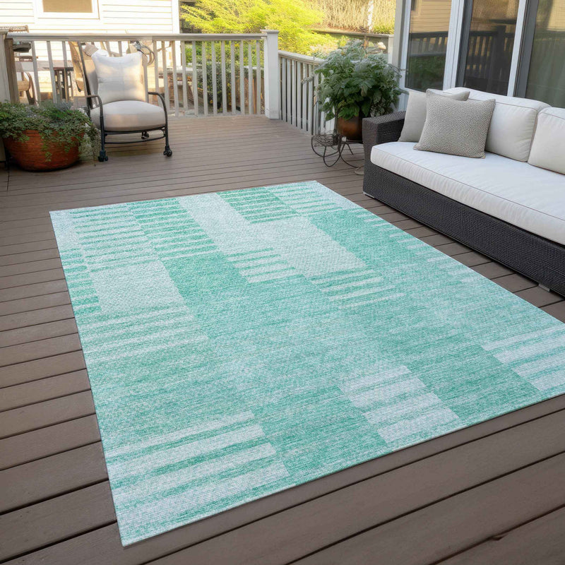 3' X 5' Teal Blue Aqua And Ivory Striped Washable Indoor Outdoor Area Rug