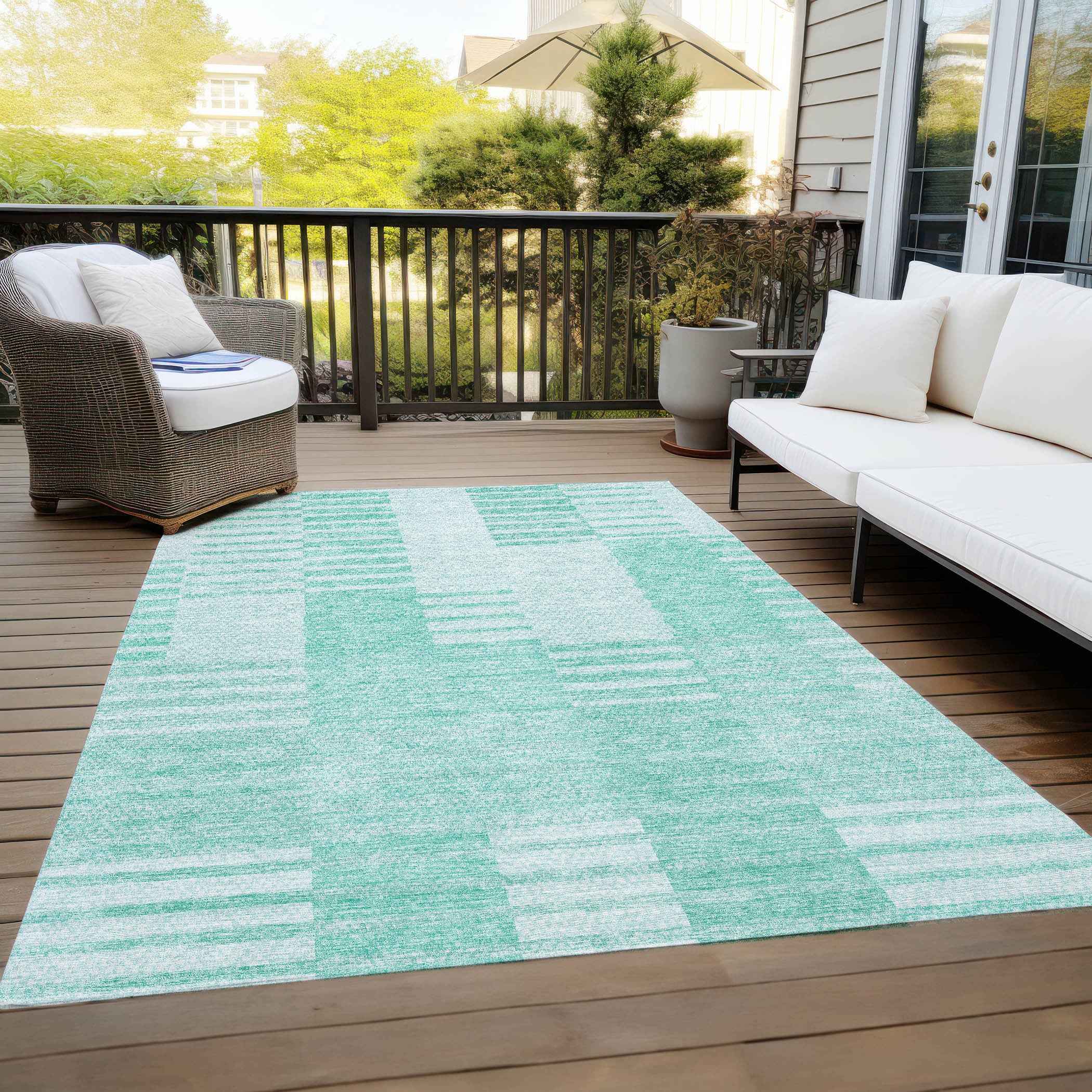 3' X 5' Teal Blue Aqua And Ivory Striped Washable Indoor Outdoor Area Rug
