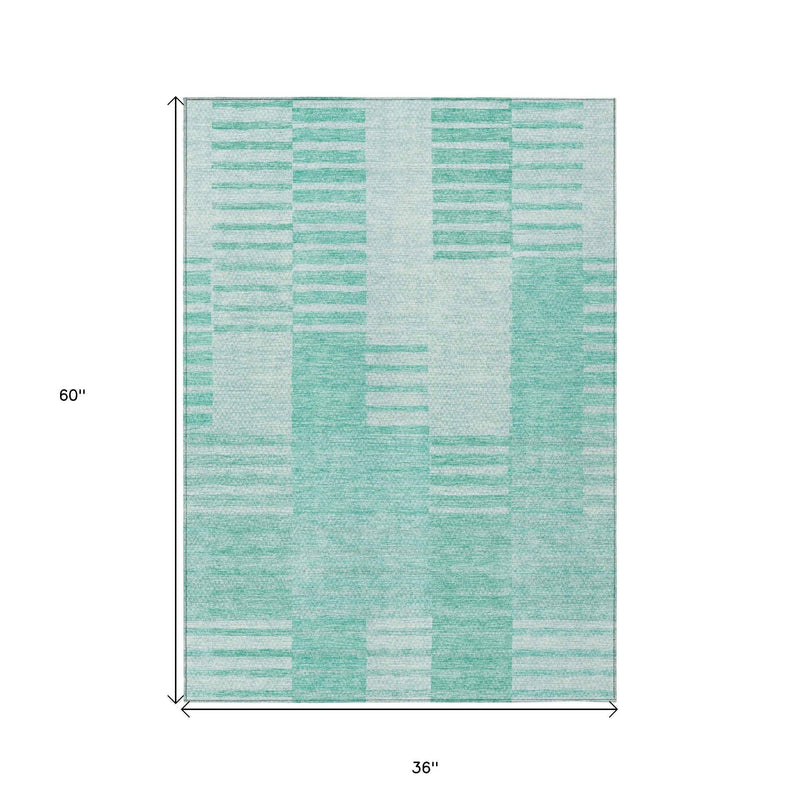 3' X 5' Teal Blue Aqua And Ivory Striped Washable Indoor Outdoor Area Rug