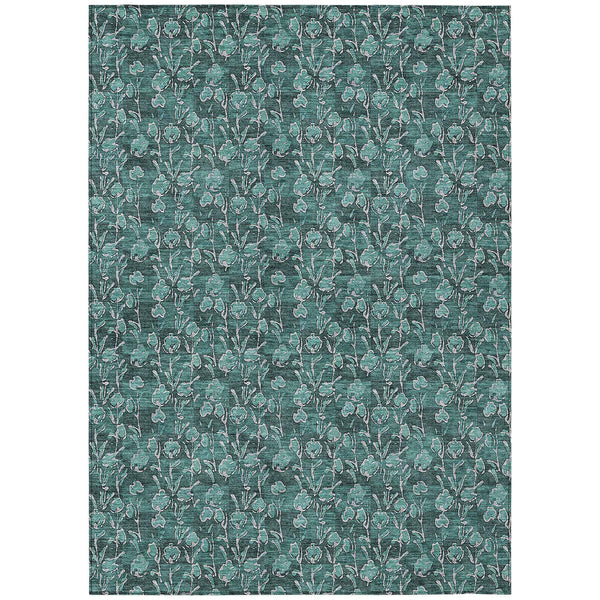 10' X 14' Teal Blue Aqua And Ivory Floral Washable Indoor Outdoor Area Rug