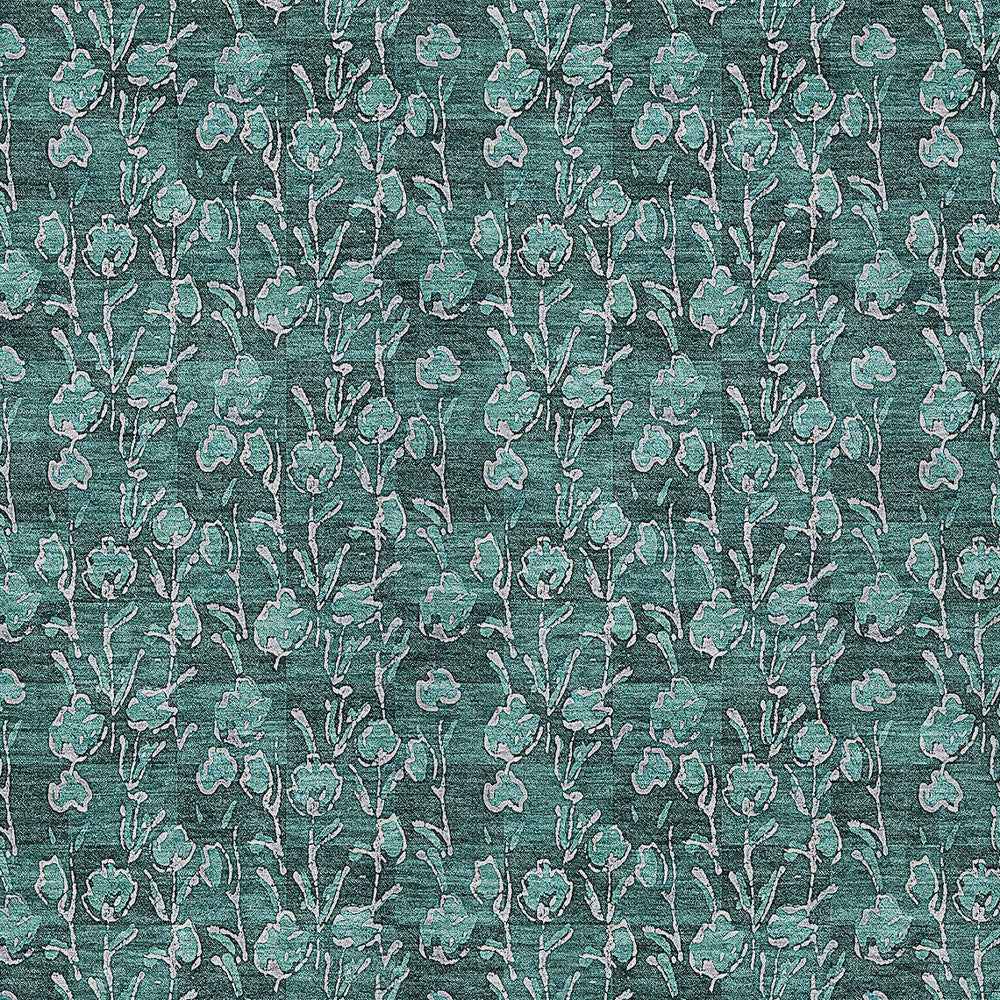10' X 14' Teal Blue Aqua And Ivory Floral Washable Indoor Outdoor Area Rug