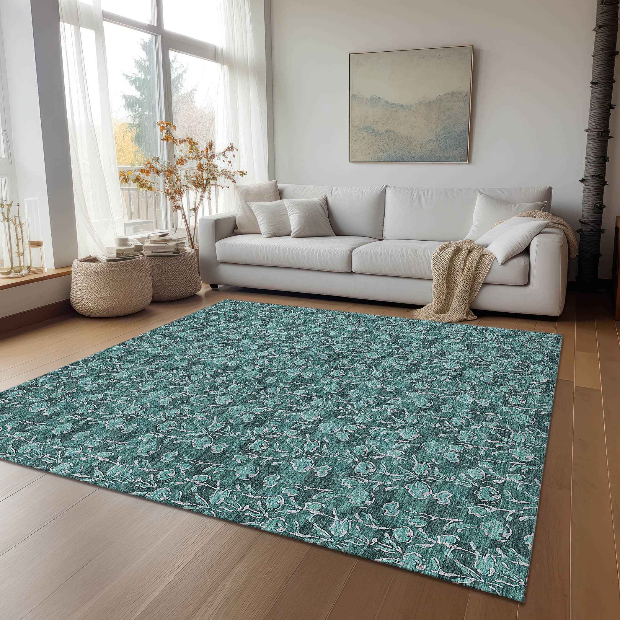 10' X 14' Teal Blue Aqua And Ivory Floral Washable Indoor Outdoor Area Rug