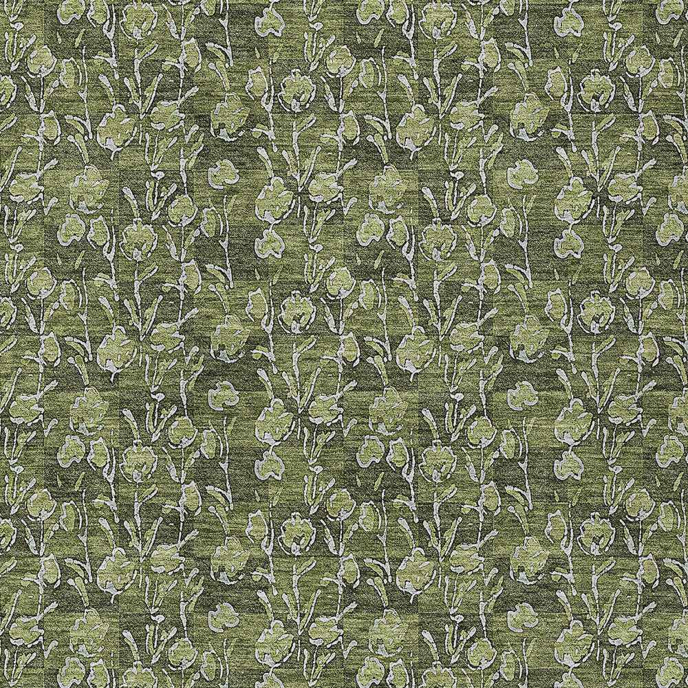 5' X 8' Olive Green Artichoke Green And Ivory Floral Washable Indoor Outdoor Area Rug