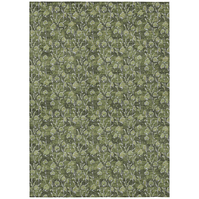 5' X 8' Olive Green Artichoke Green And Ivory Floral Washable Indoor Outdoor Area Rug