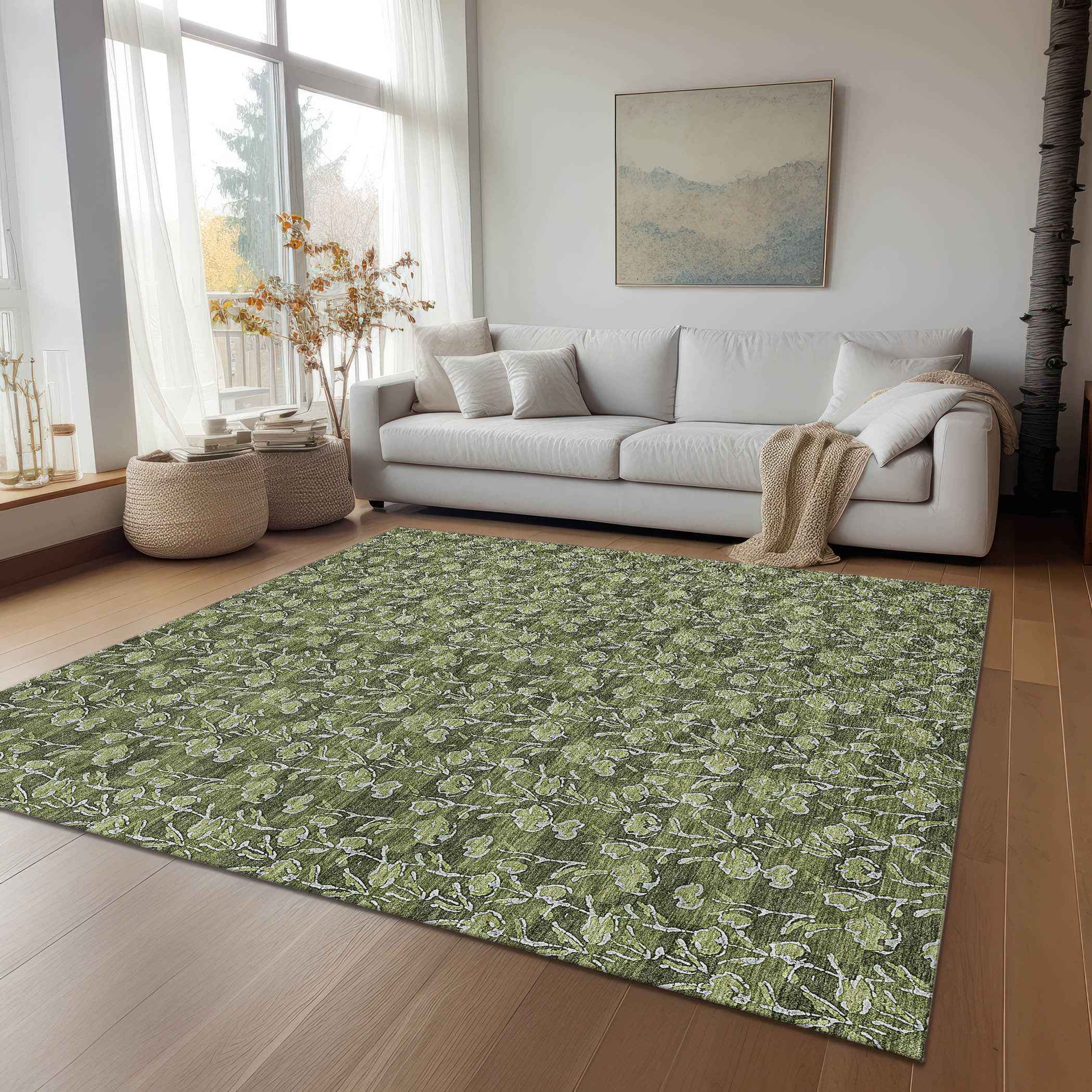 5' X 8' Olive Green Artichoke Green And Ivory Floral Washable Indoor Outdoor Area Rug