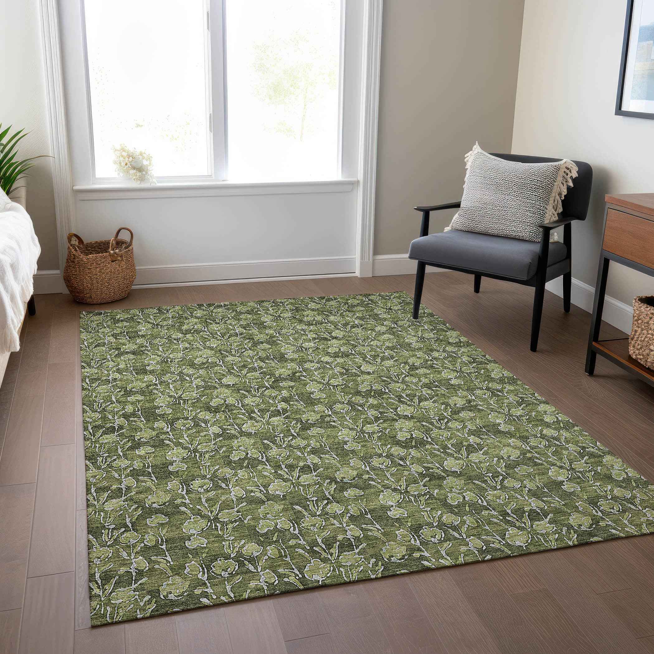 5' X 8' Olive Green Artichoke Green And Ivory Floral Washable Indoor Outdoor Area Rug