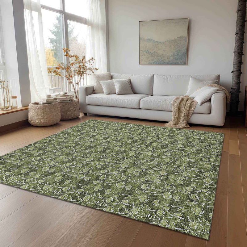10' X 14' Olive Green Artichoke Green And Ivory Floral Washable Indoor Outdoor Area Rug