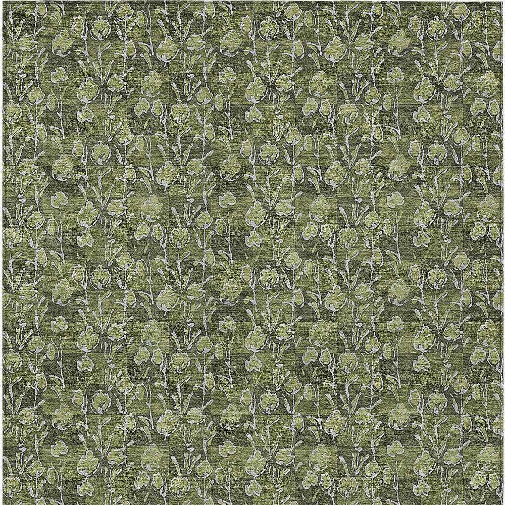 10' X 14' Olive Green Artichoke Green And Ivory Floral Washable Indoor Outdoor Area Rug