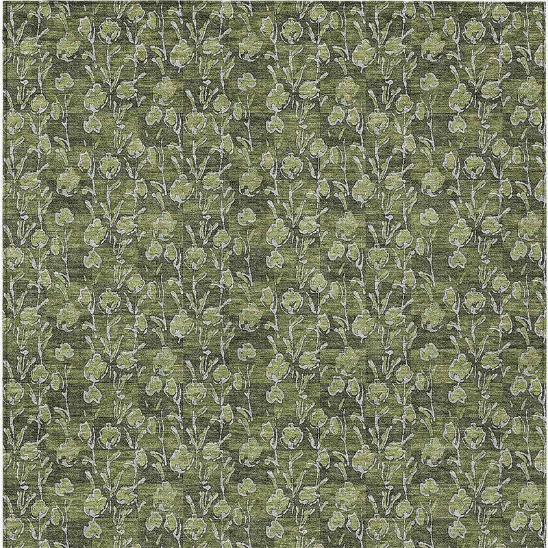 10' X 14' Olive Green Artichoke Green And Ivory Floral Washable Indoor Outdoor Area Rug