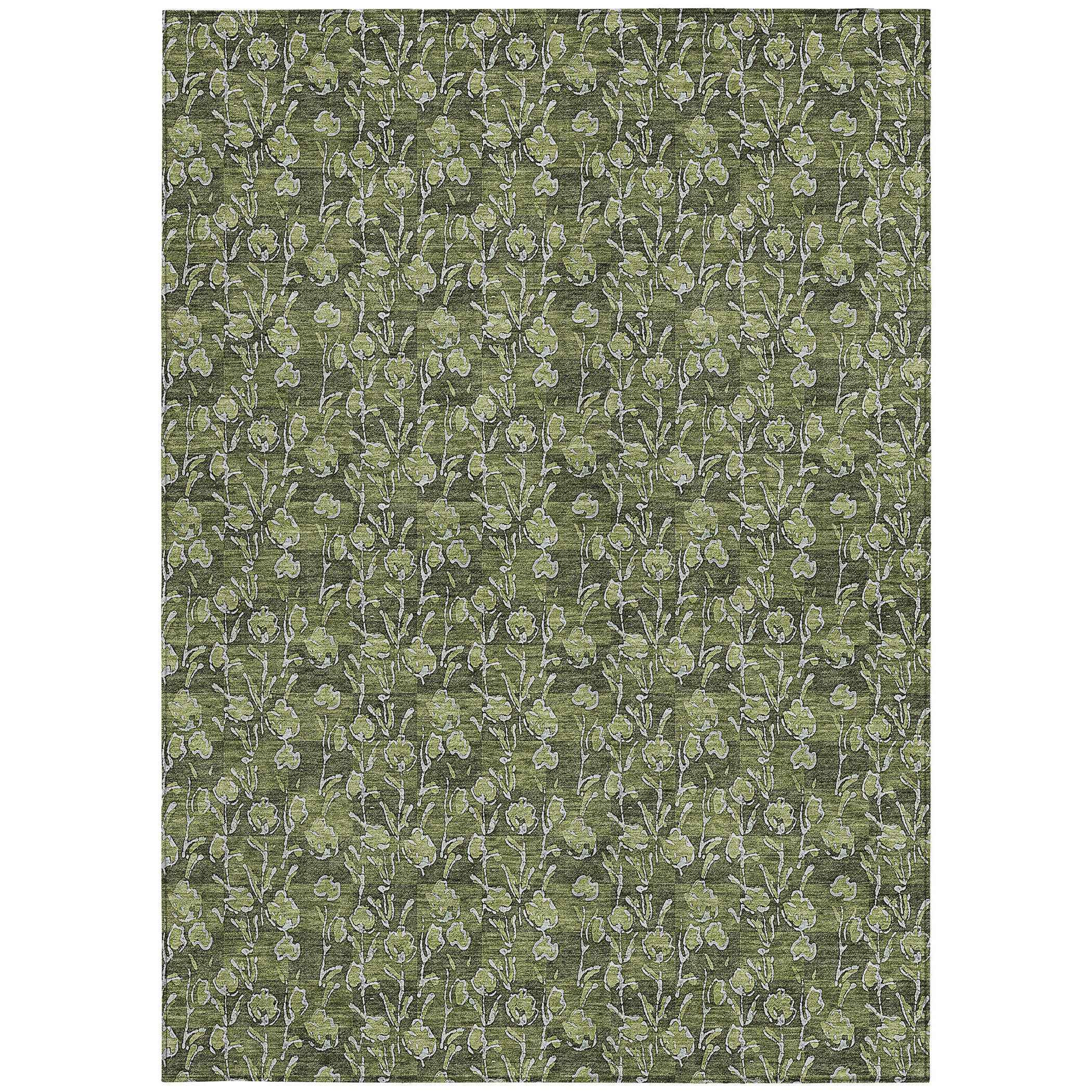 10' X 14' Olive Green Artichoke Green And Ivory Floral Washable Indoor Outdoor Area Rug
