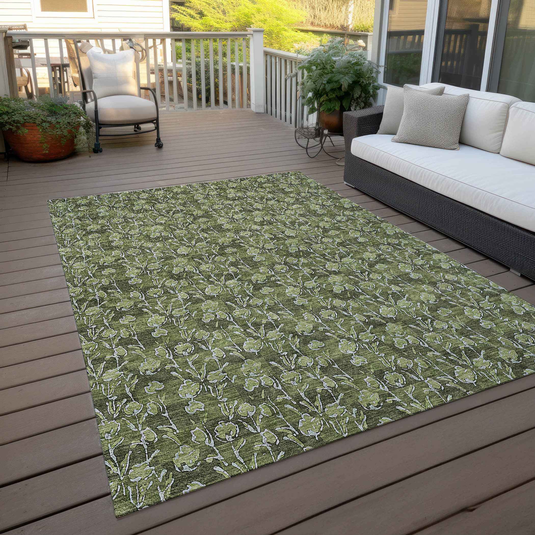 10' X 14' Olive Green Artichoke Green And Ivory Floral Washable Indoor Outdoor Area Rug