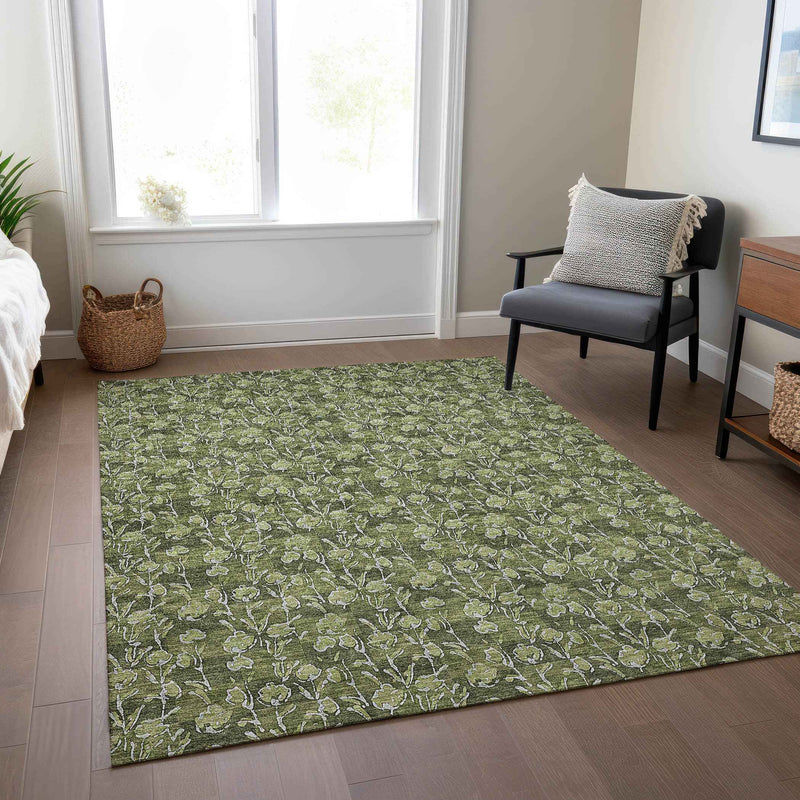 10' X 14' Olive Green Artichoke Green And Ivory Floral Washable Indoor Outdoor Area Rug