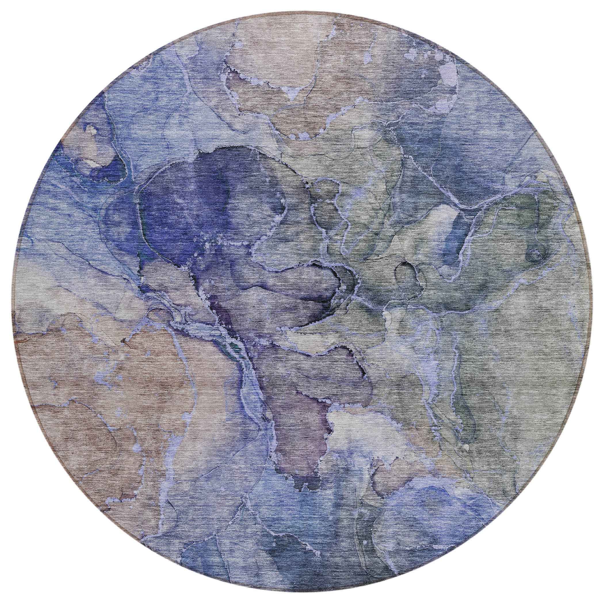 8' Navy Blue And Beige Round Abstract Washable Indoor Outdoor Area Rug