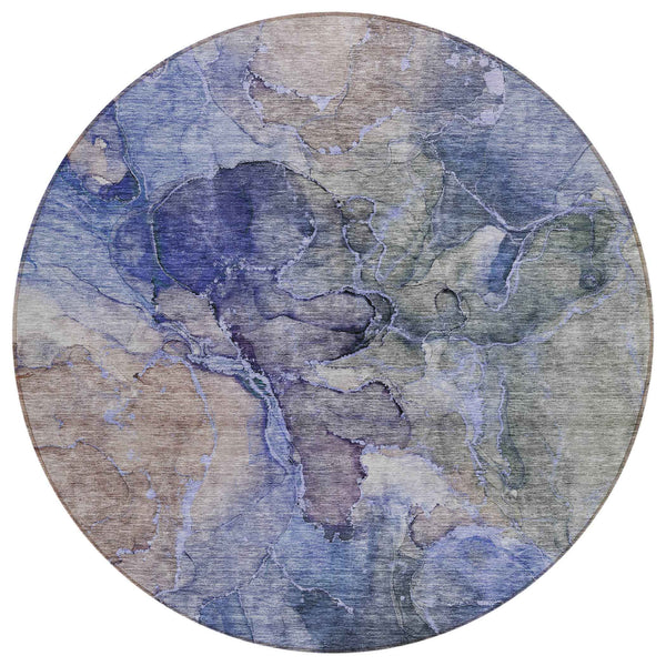 8' Navy Blue And Beige Round Abstract Washable Indoor Outdoor Area Rug