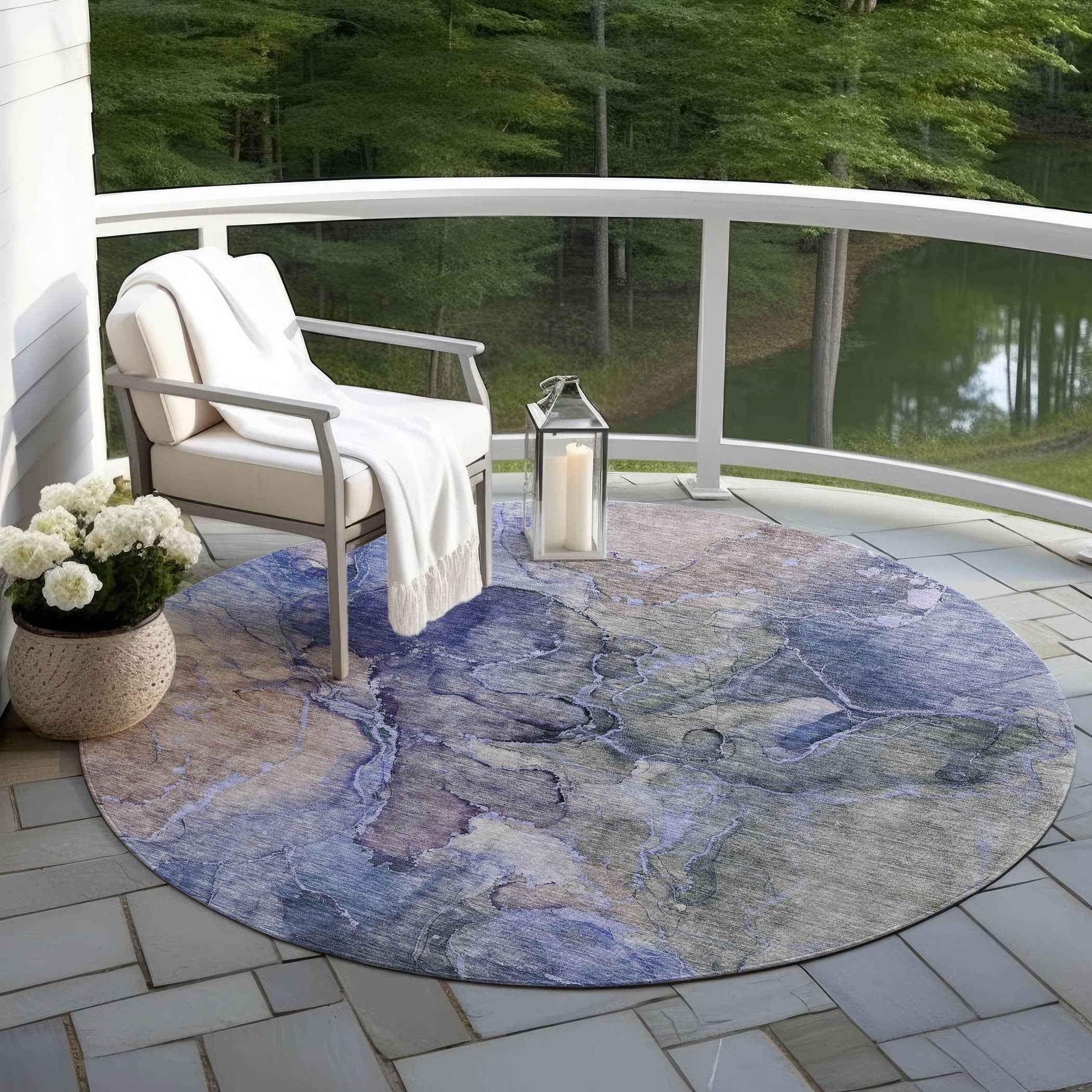 8' Navy Blue And Beige Round Abstract Washable Indoor Outdoor Area Rug