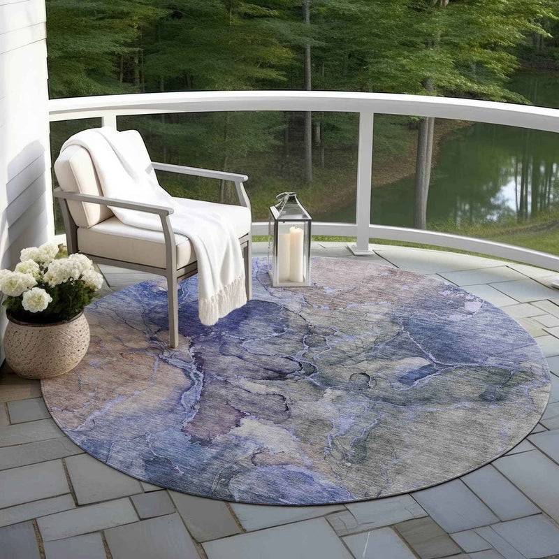 8' Navy Blue And Beige Round Abstract Washable Indoor Outdoor Area Rug