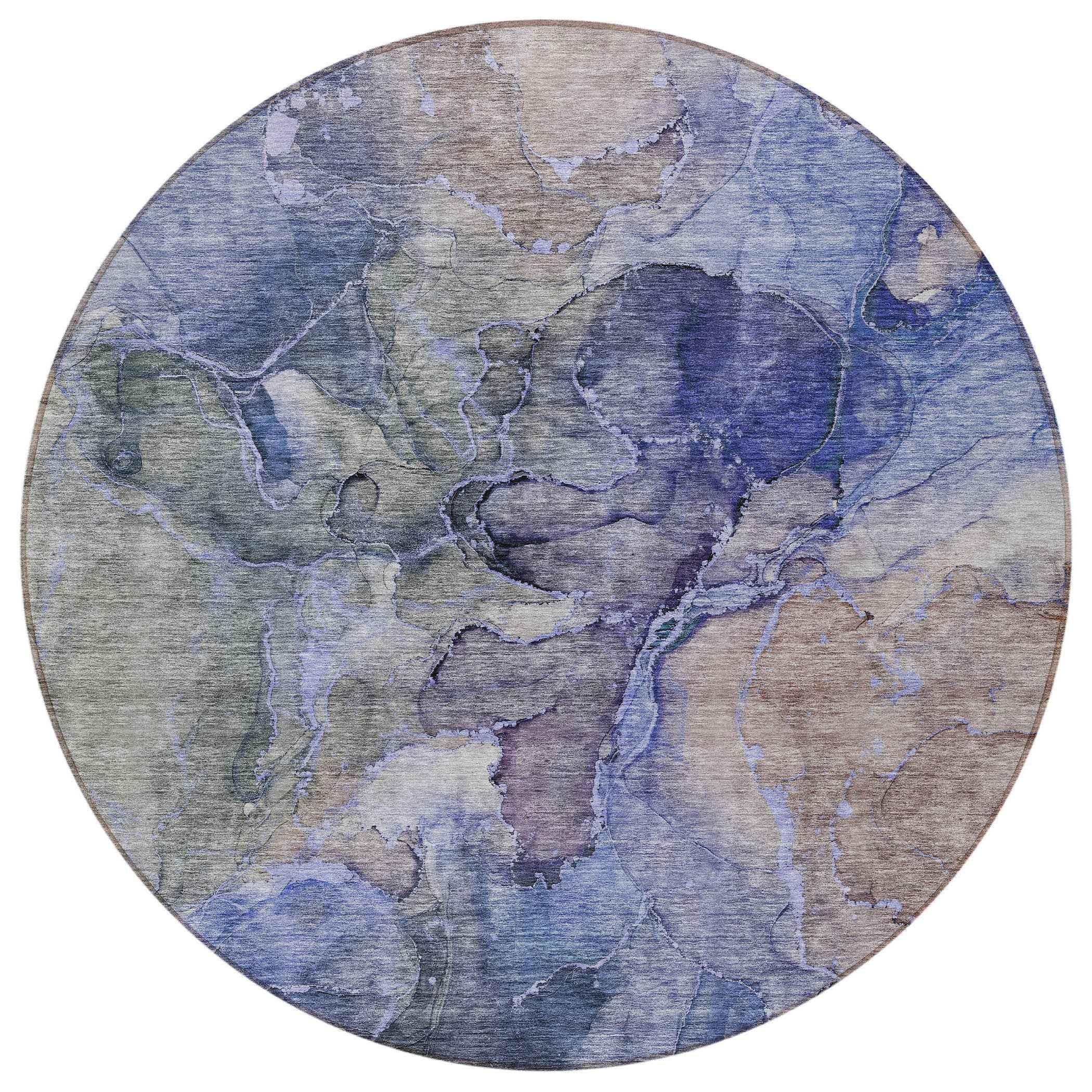 8' Navy Blue And Beige Round Abstract Washable Indoor Outdoor Area Rug