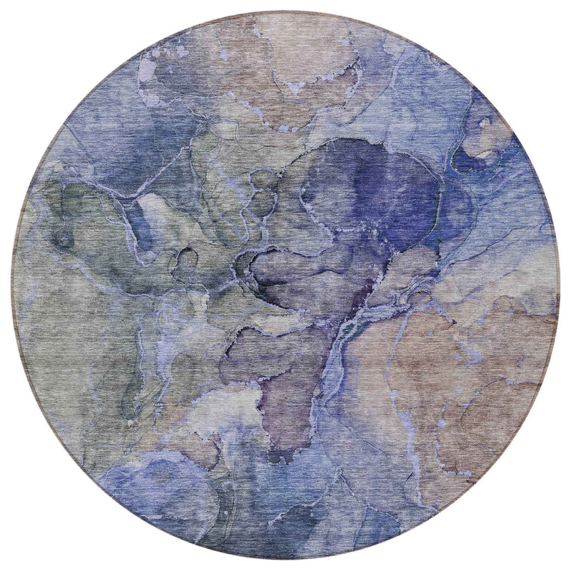 8' Navy Blue And Beige Round Abstract Washable Indoor Outdoor Area Rug