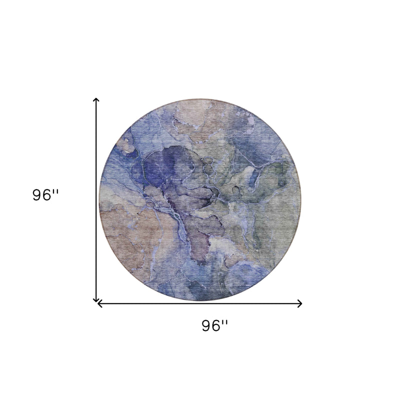 8' Navy Blue And Beige Round Abstract Washable Indoor Outdoor Area Rug