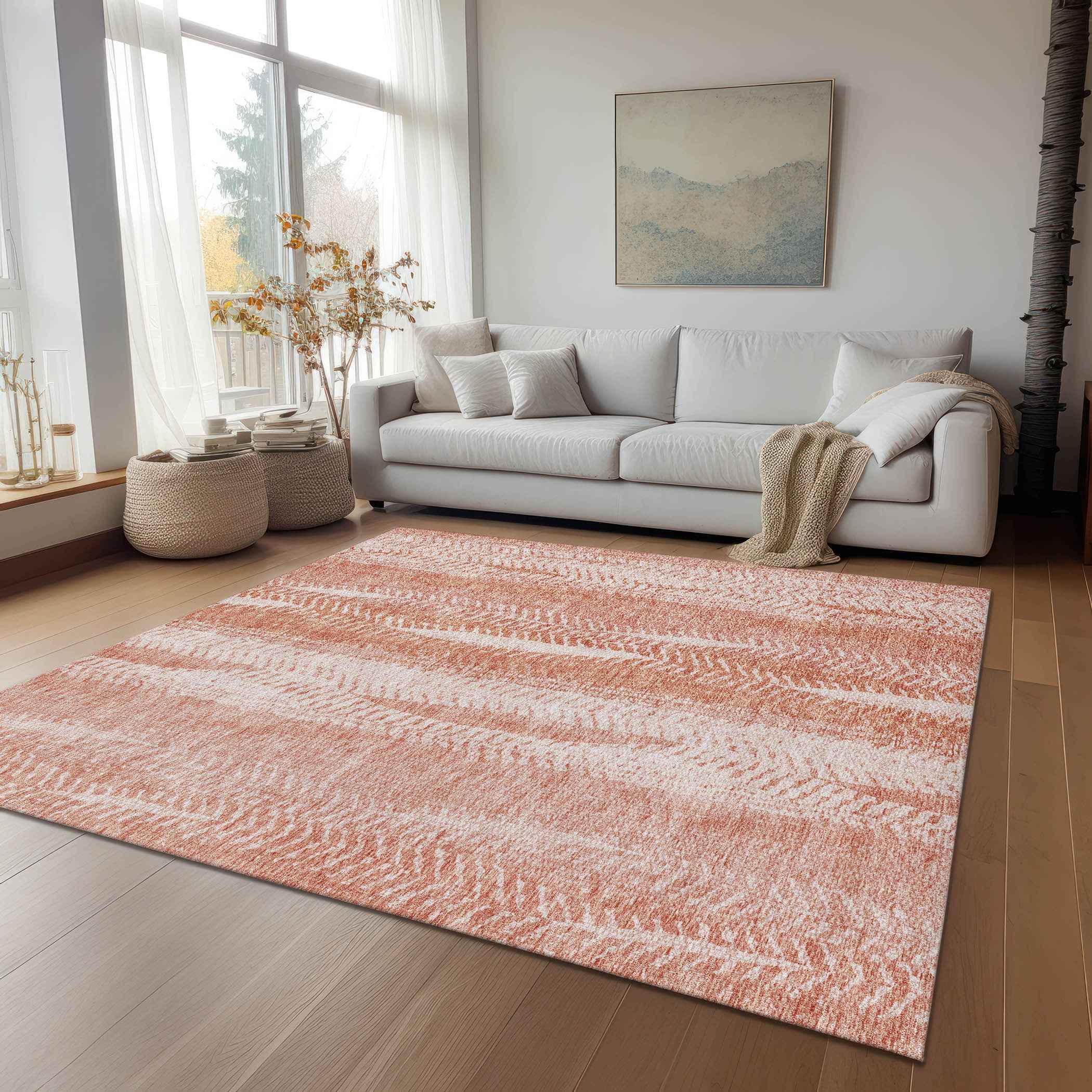 5' X 8' Orange And Salmon Botanical Leaves Washable Indoor Outdoor Area Rug