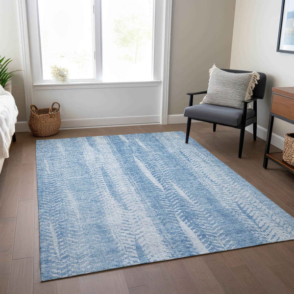 8' X 10' Sky Blue And Denim Blue Botanical Leaves Washable Indoor Outdoor Area Rug