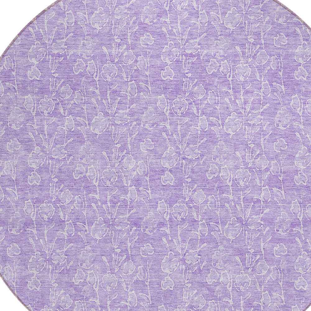 8' Lilac And Ivory Round Floral Washable Indoor Outdoor Area Rug