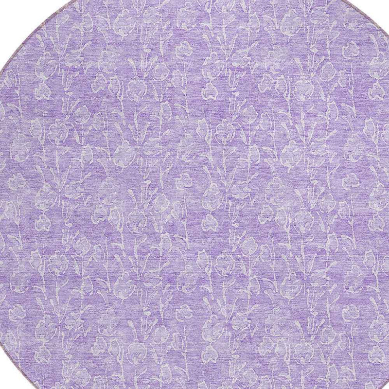 8' Lilac And Ivory Round Floral Washable Indoor Outdoor Area Rug