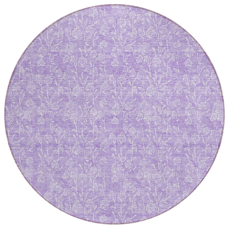8' Lilac And Ivory Round Floral Washable Indoor Outdoor Area Rug
