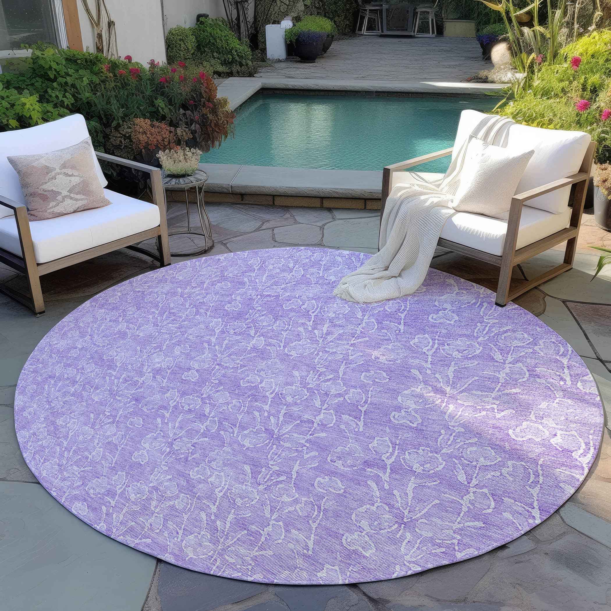 8' Lilac And Ivory Round Floral Washable Indoor Outdoor Area Rug