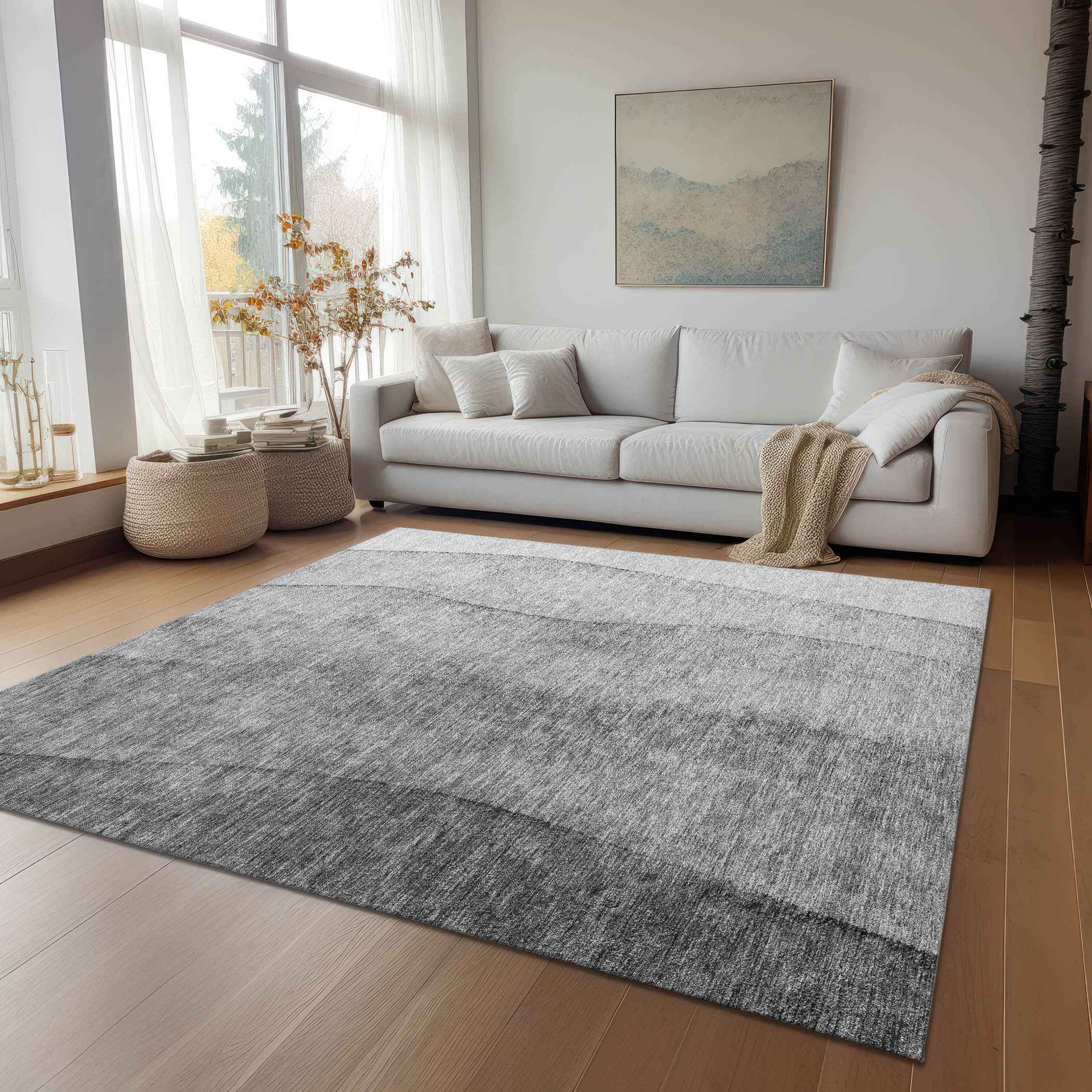 9' X 12' Gray Silver And Charcoal Ombre Washable Indoor Outdoor Area Rug