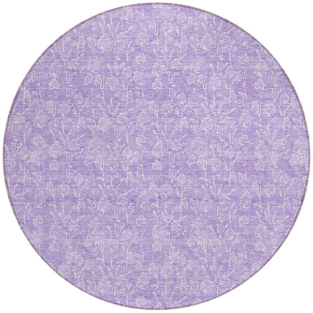 8' Lilac And Ivory Round Floral Washable Indoor Outdoor Area Rug