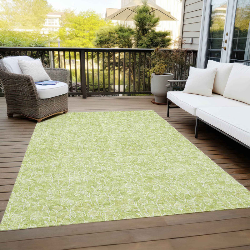 8' X 10' Artichoke Green And Ivory Floral Washable Indoor Outdoor Area Rug
