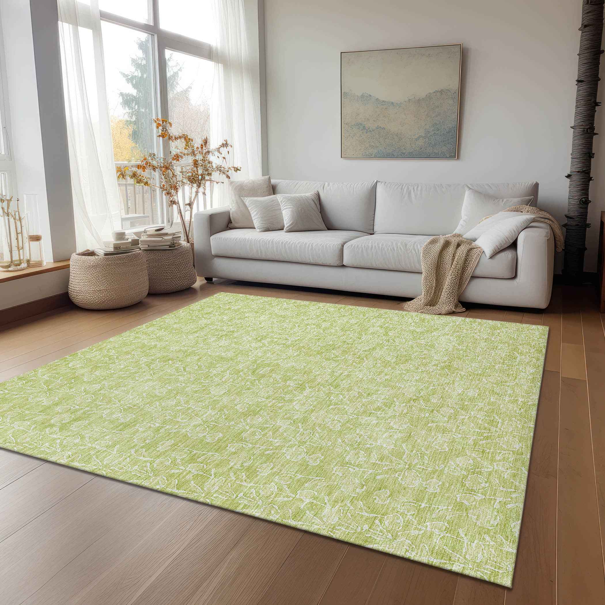 8' X 10' Artichoke Green And Ivory Floral Washable Indoor Outdoor Area Rug