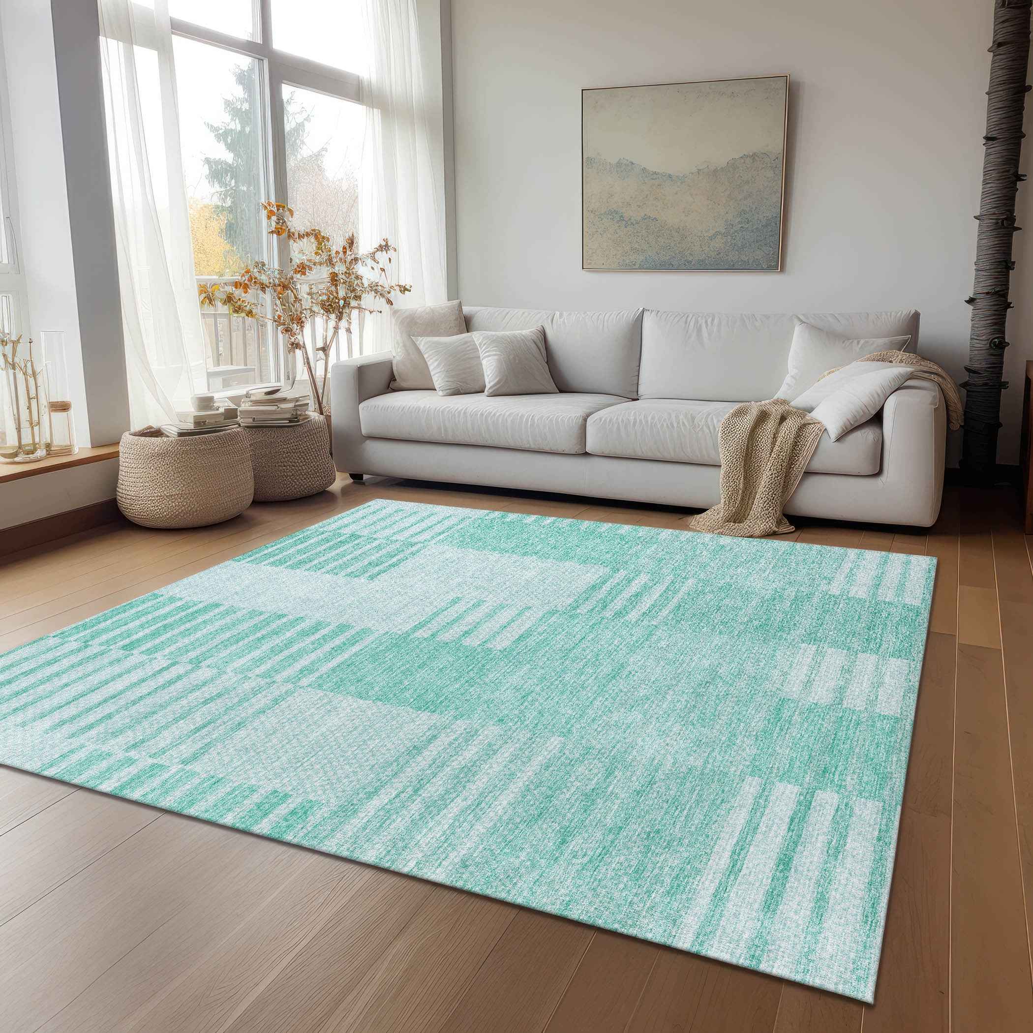9' X 12' Teal Blue Aqua And Ivory Striped Washable Indoor Outdoor Area Rug
