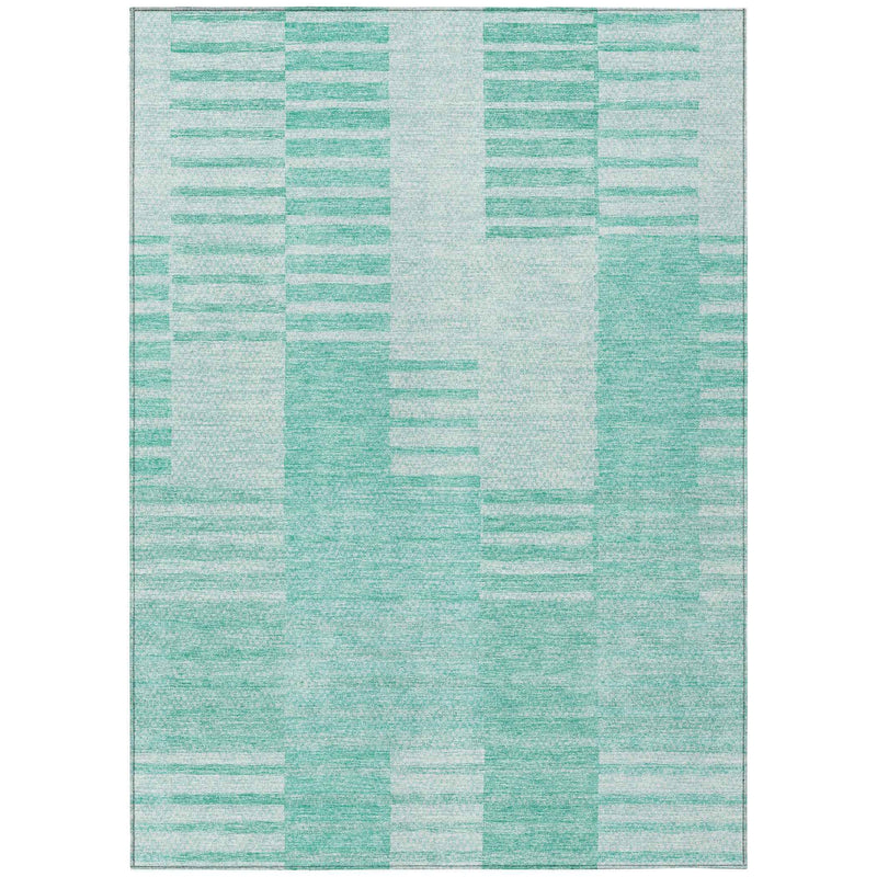9' X 12' Teal Blue Aqua And Ivory Striped Washable Indoor Outdoor Area Rug