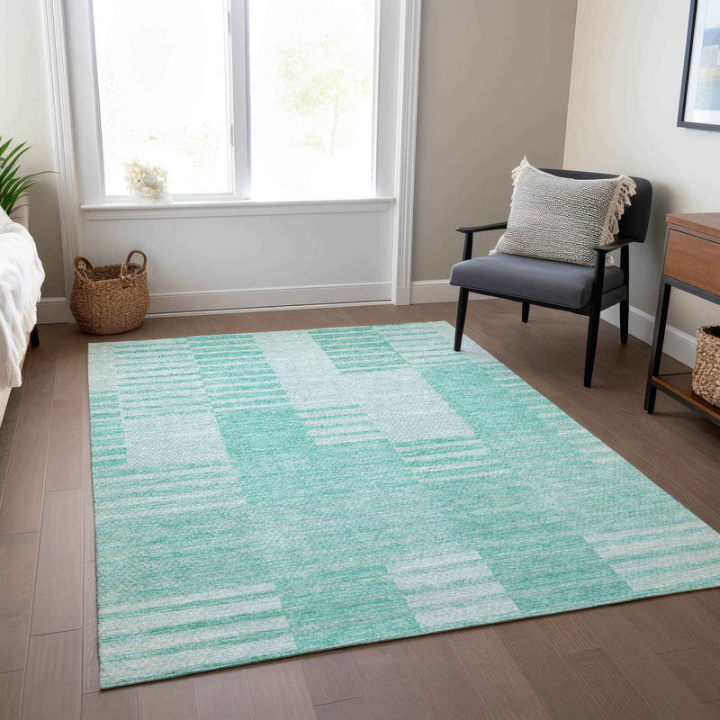 9' X 12' Teal Blue Aqua And Ivory Striped Washable Indoor Outdoor Area Rug