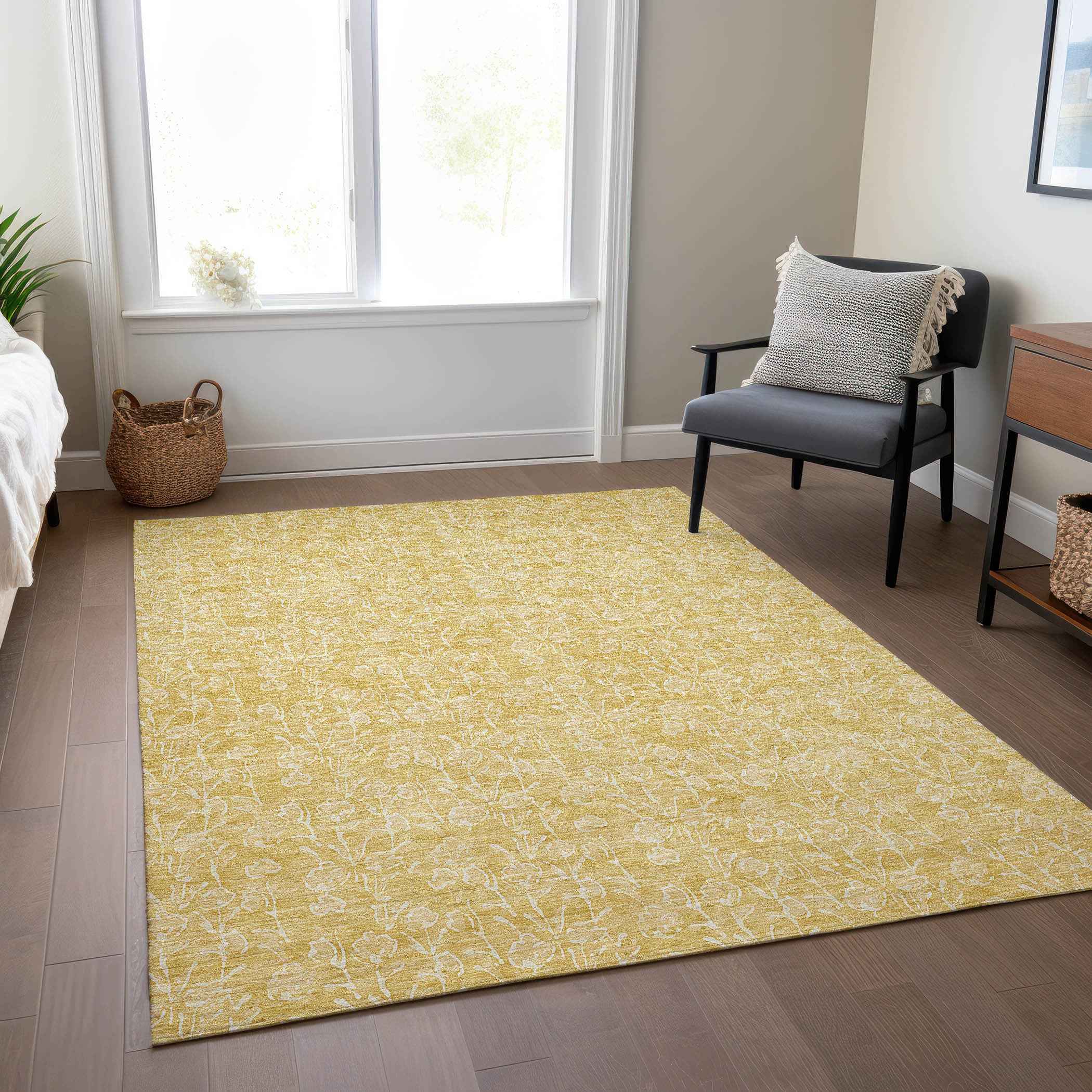 9' X 12' Gold And Ivory Floral Washable Indoor Outdoor Area Rug