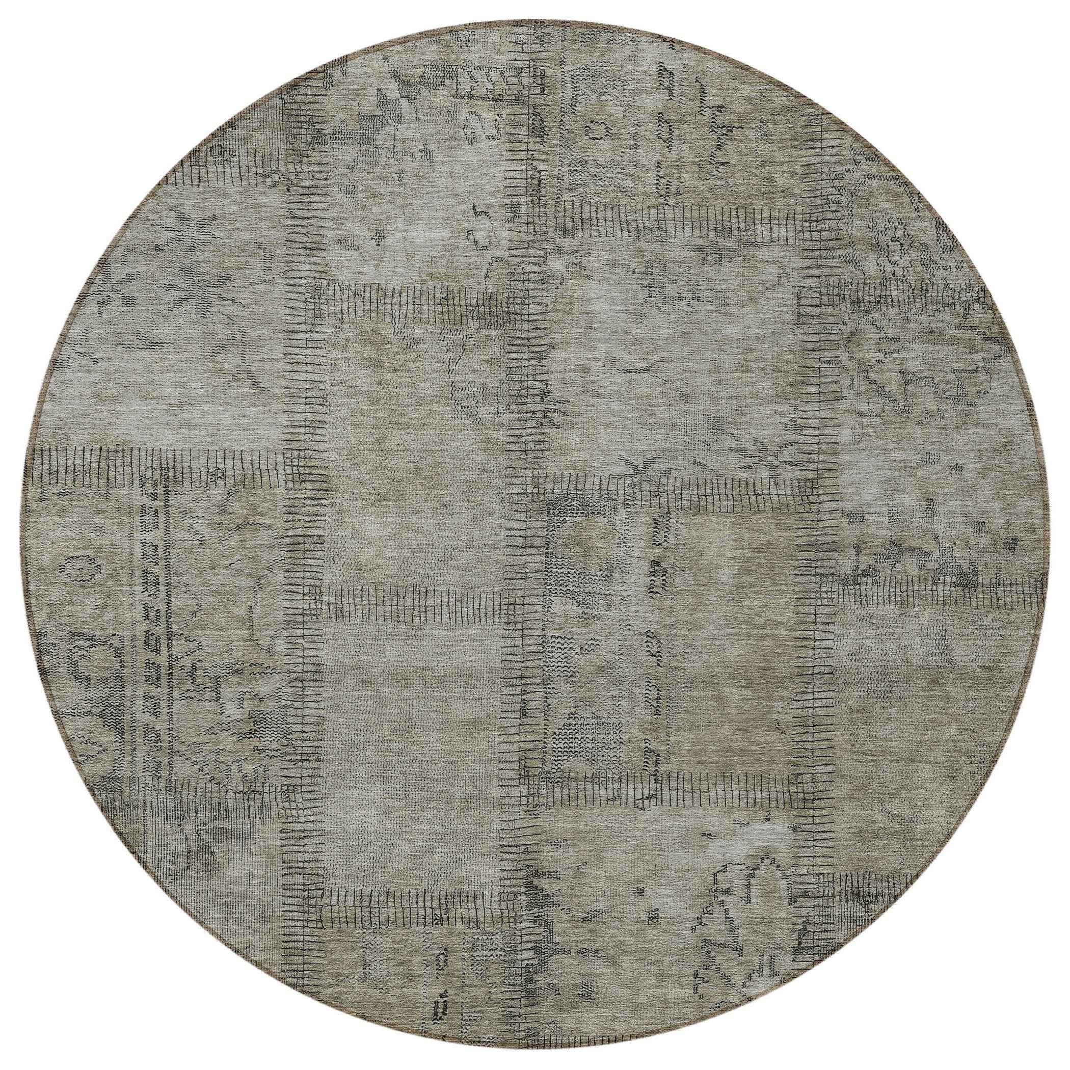 8' Taupe Brown And Beige Round Patchwork Washable Indoor Outdoor Area Rug
