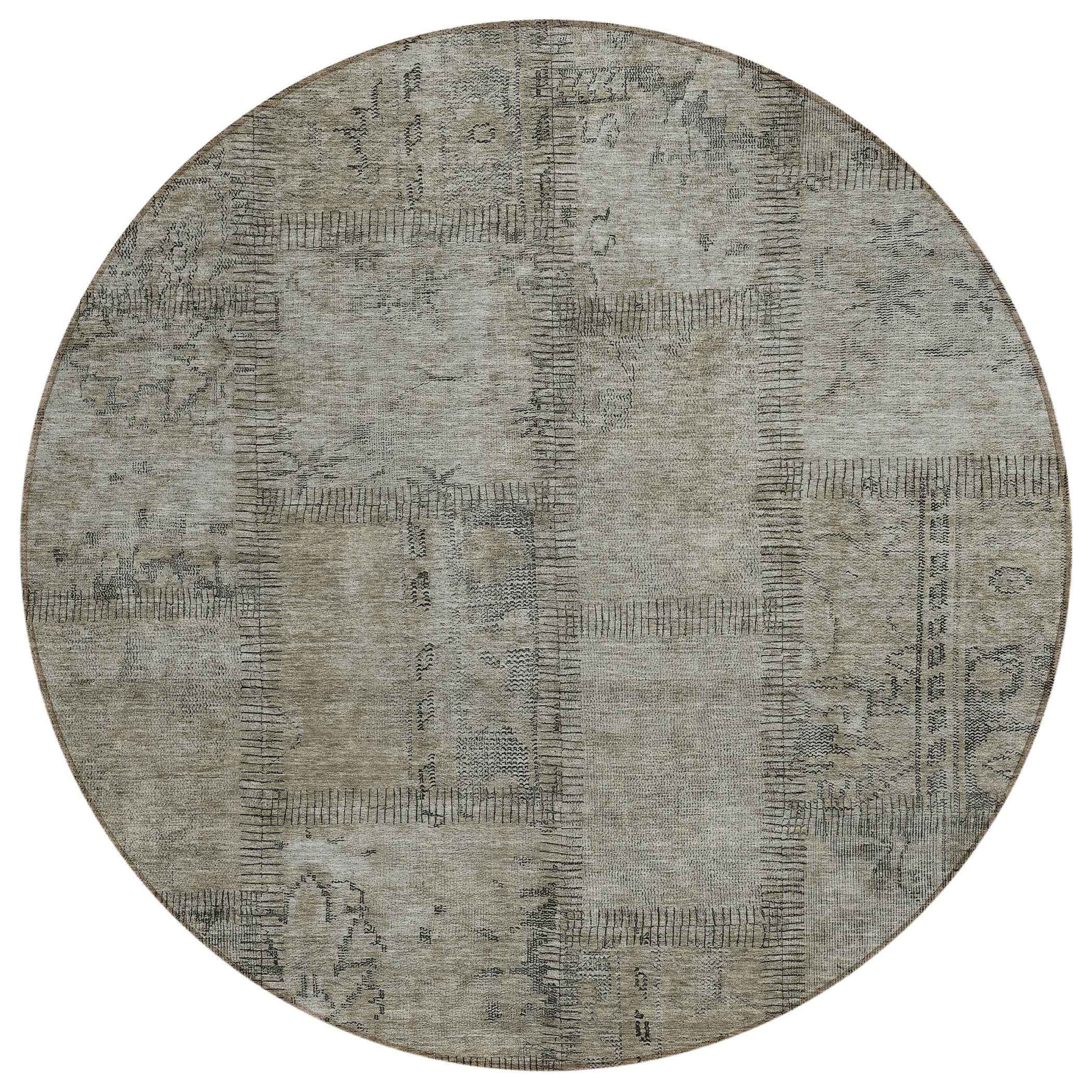 8' Taupe Brown And Beige Round Patchwork Washable Indoor Outdoor Area Rug