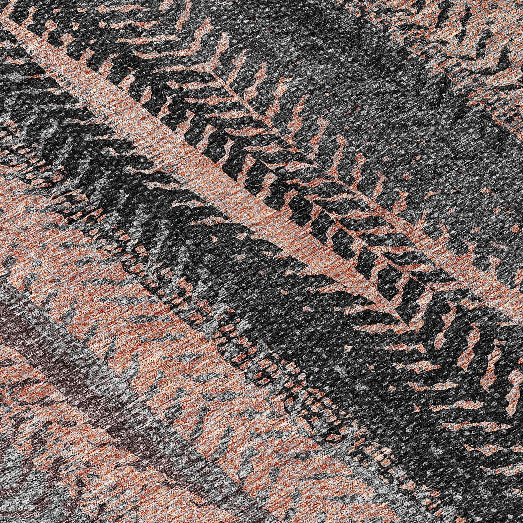 9' X 12' Blue Charcoal And Copper Botanical Leaves Washable Indoor Outdoor Area Rug