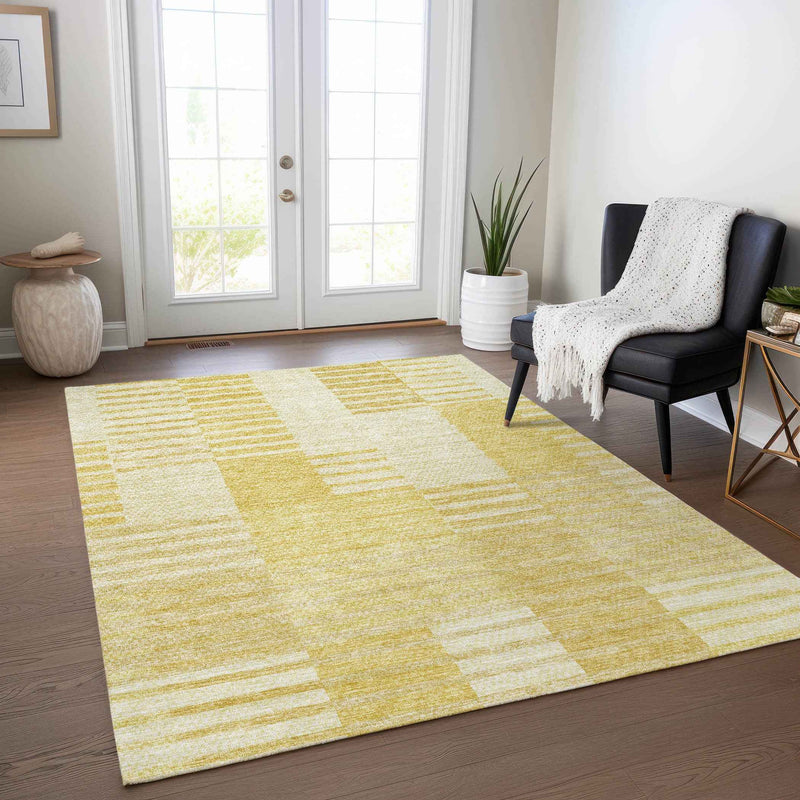 8' X 10' Gold Wheat And Ivory Striped Washable Indoor Outdoor Area Rug