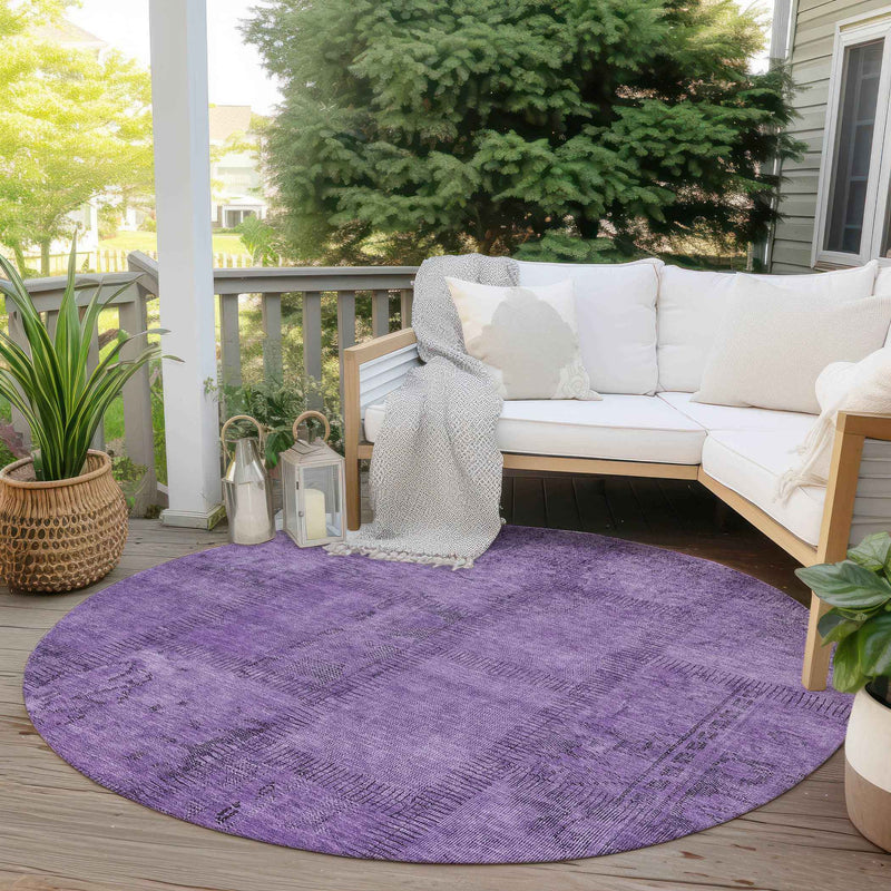 8' Purple Eggplant And Gray Round Patchwork Washable Indoor Outdoor Area Rug