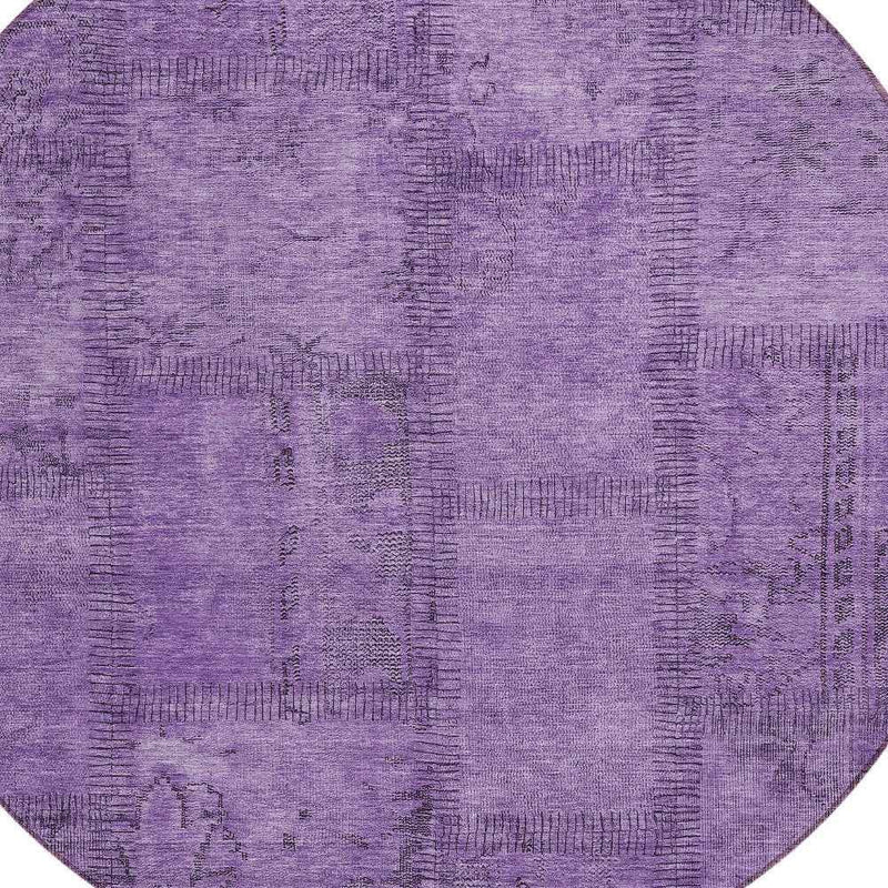 8' Purple Eggplant And Gray Round Patchwork Washable Indoor Outdoor Area Rug