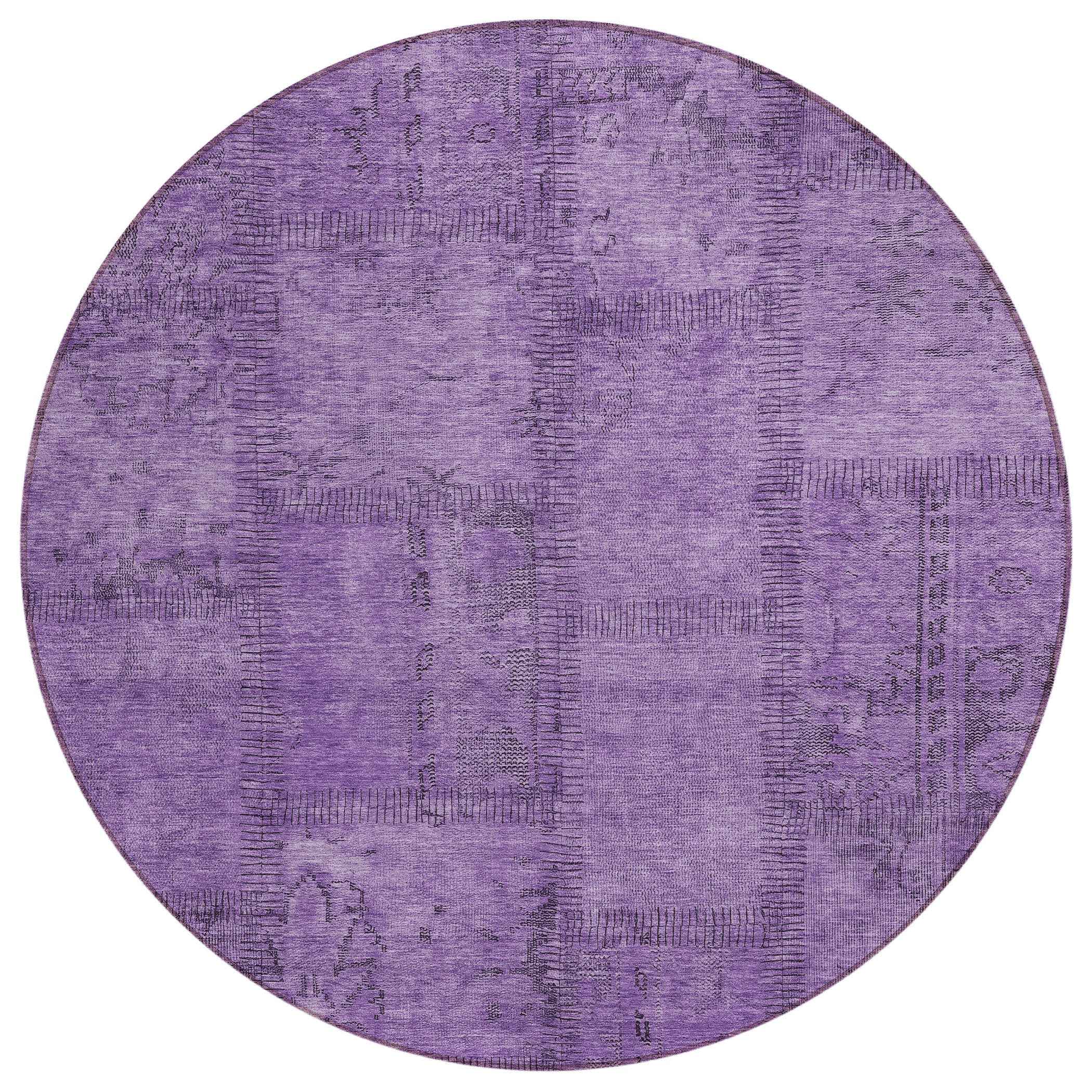 8' Purple Eggplant And Gray Round Patchwork Washable Indoor Outdoor Area Rug